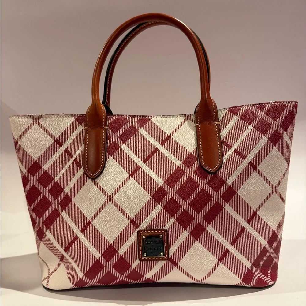 Dooney & Bourke Coated Cotton Brielle Tote in the Cranberry Plaid - Picture 1 of 11